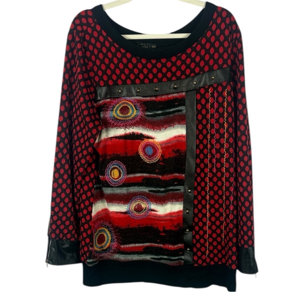 Goa Chic Artsy Red Black Faux Leather Polka Dot Embroidered Detail XL Sweater